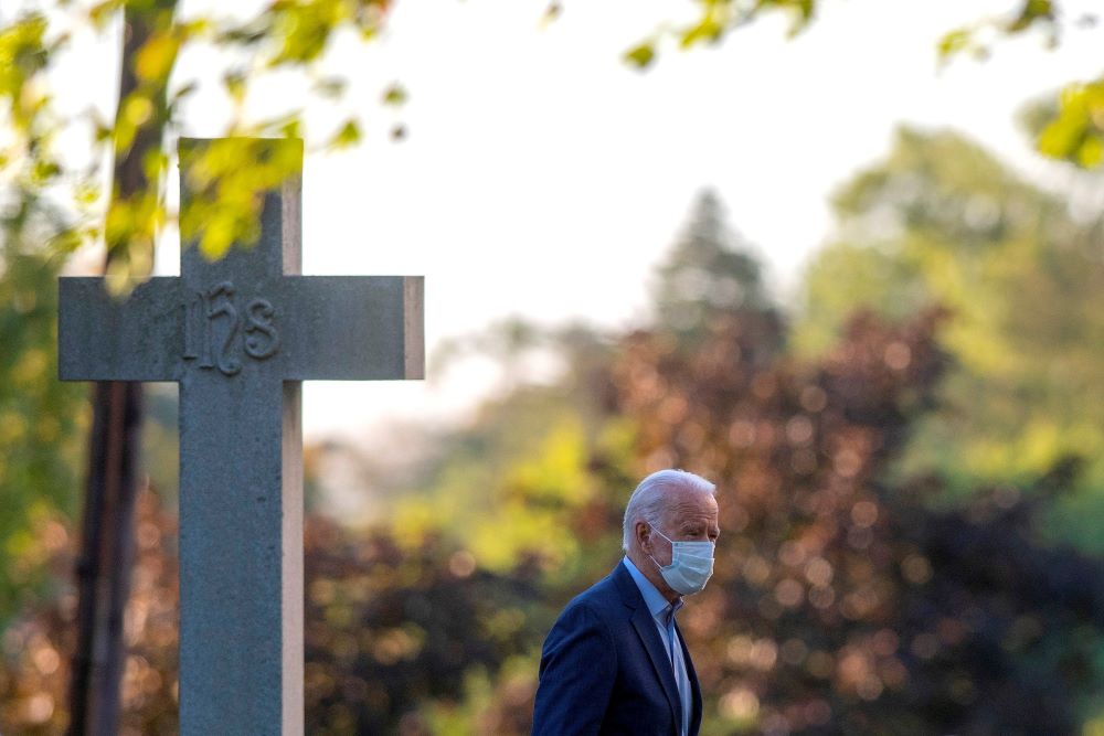 Then-Democratic U.S. presidential nominee Joe Biden arrives to attend a morning service at St. Joseph's on the Brandywine Catholic Church in Greenville, Delaware, Sept. 20, 2020. 
